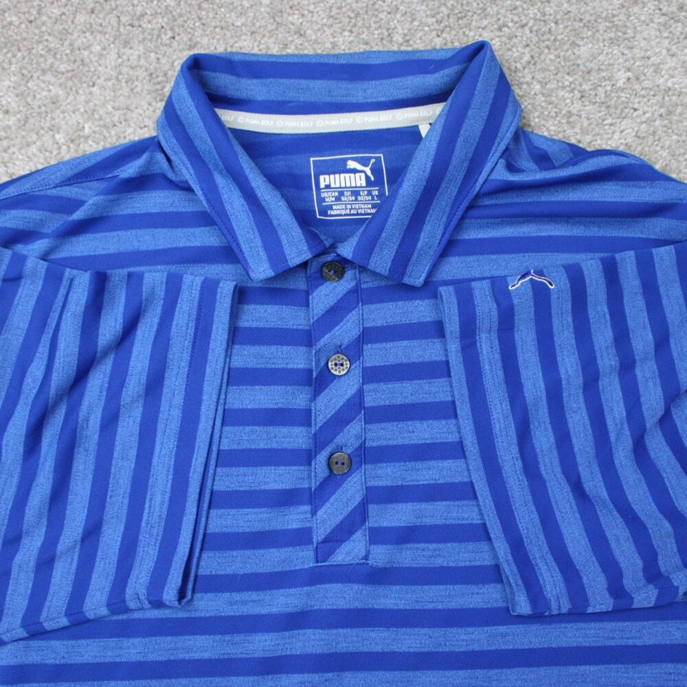 Puma‎ Polo Shirt Mens Medium Blue Striped Poly/Nylon Golf Dry Cell Short Sleeve